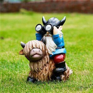 Garden Gnome Statues Resin Gnome Sitting on Highland Cow Solar LED Lights